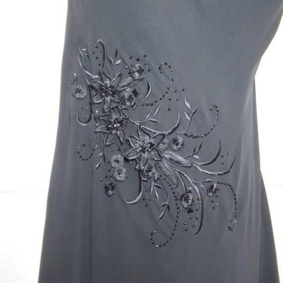 Adrianna Papell Black Chiffon Gown Floral Applique Beads EUC Whimsigoth Cowl - Picture 4 of 16